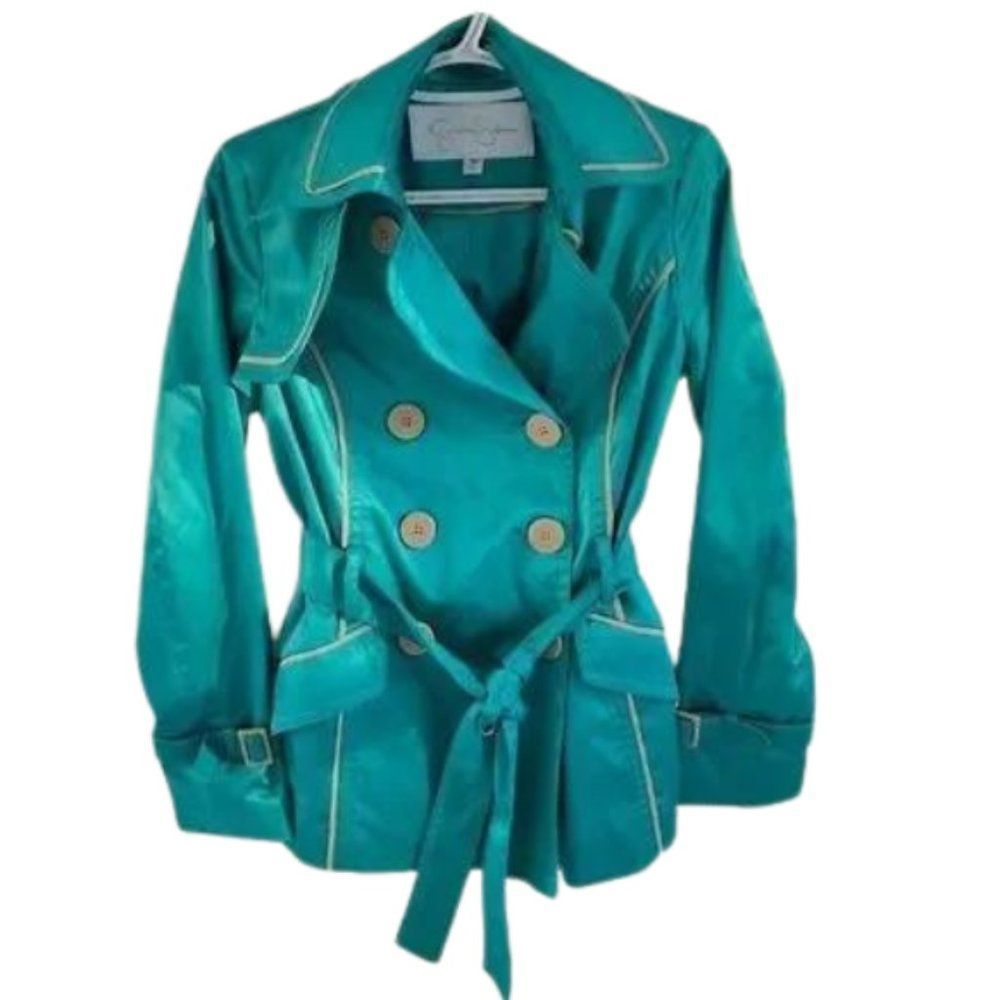 17. Jessica Simpson Emeral Green Trench Coat, designer w/ belt & beige buttons S